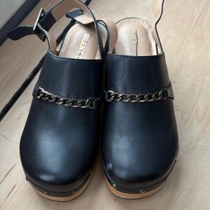 Silent D Black Leather Mules with Chain Detail